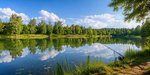Hellkopfsee bei Retterode im Frühling mit grüner Ufervegetation, blauem Himmel und Angelrute am Wasser